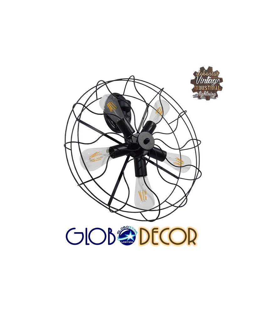 GLOBOSTAR® FAN 01163 Vintage Φωτιστικό Τοίχου - Απλίκα με Ντουί 5 x E27 AC 220-240V IP20 - Μαύρο - Μ22 x Π46 x Υ46cm